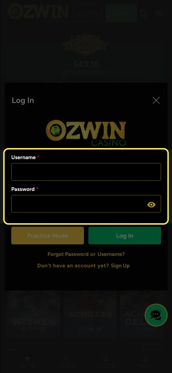 Secure login fields on Ozwin Casino asking for user credentials.