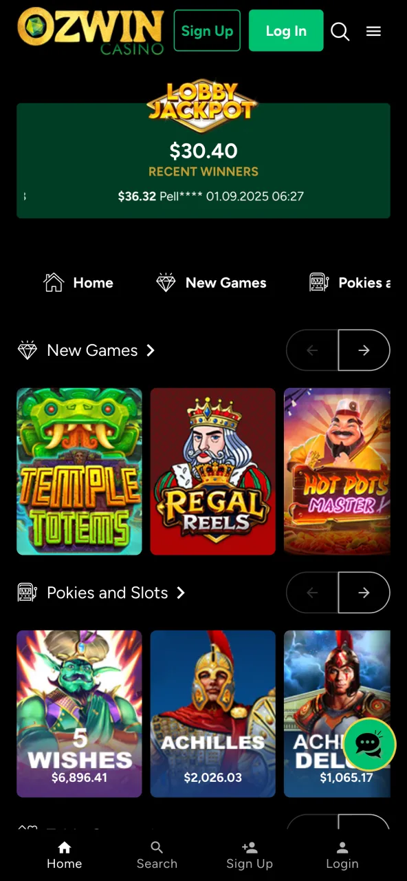 Ozwin Casino homepage displaying latest offers.