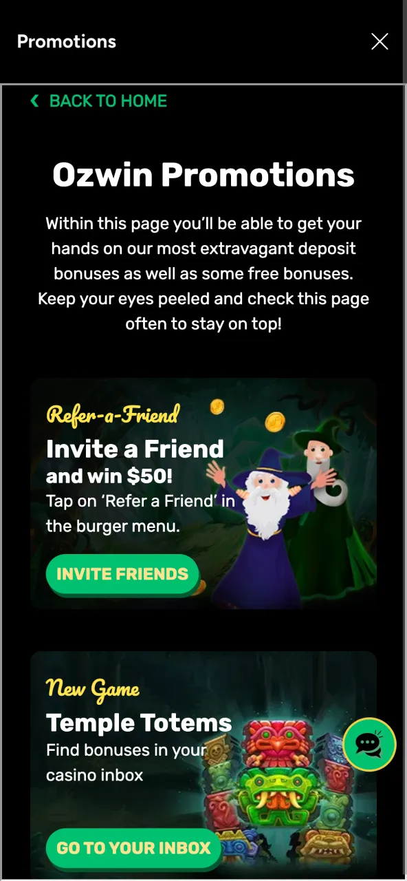 Ozwin Casino promo section with limited-time offers.