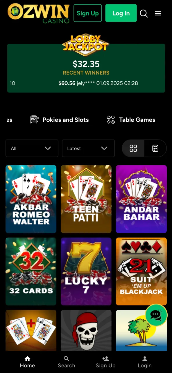 Live dealer table games on Ozwin Casino screen.